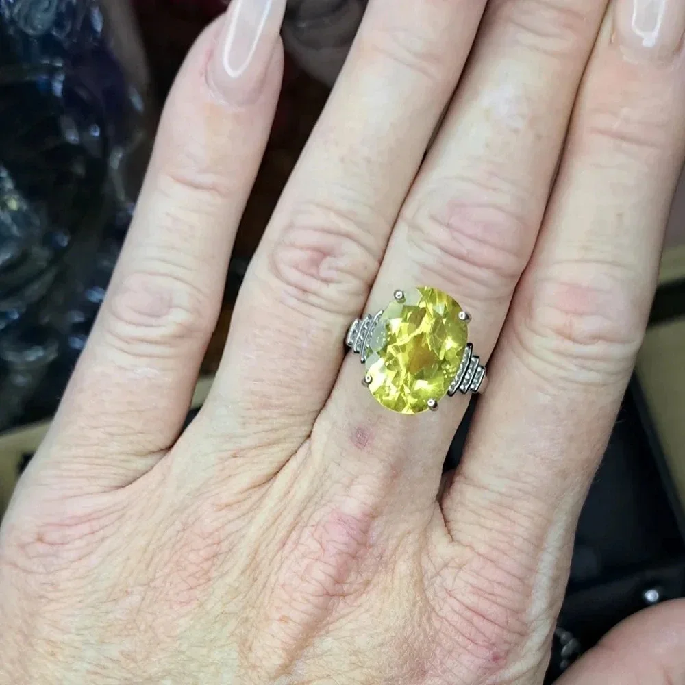 Natural Canary Fluorite & White Zircon Ring - Picture 1 of 10